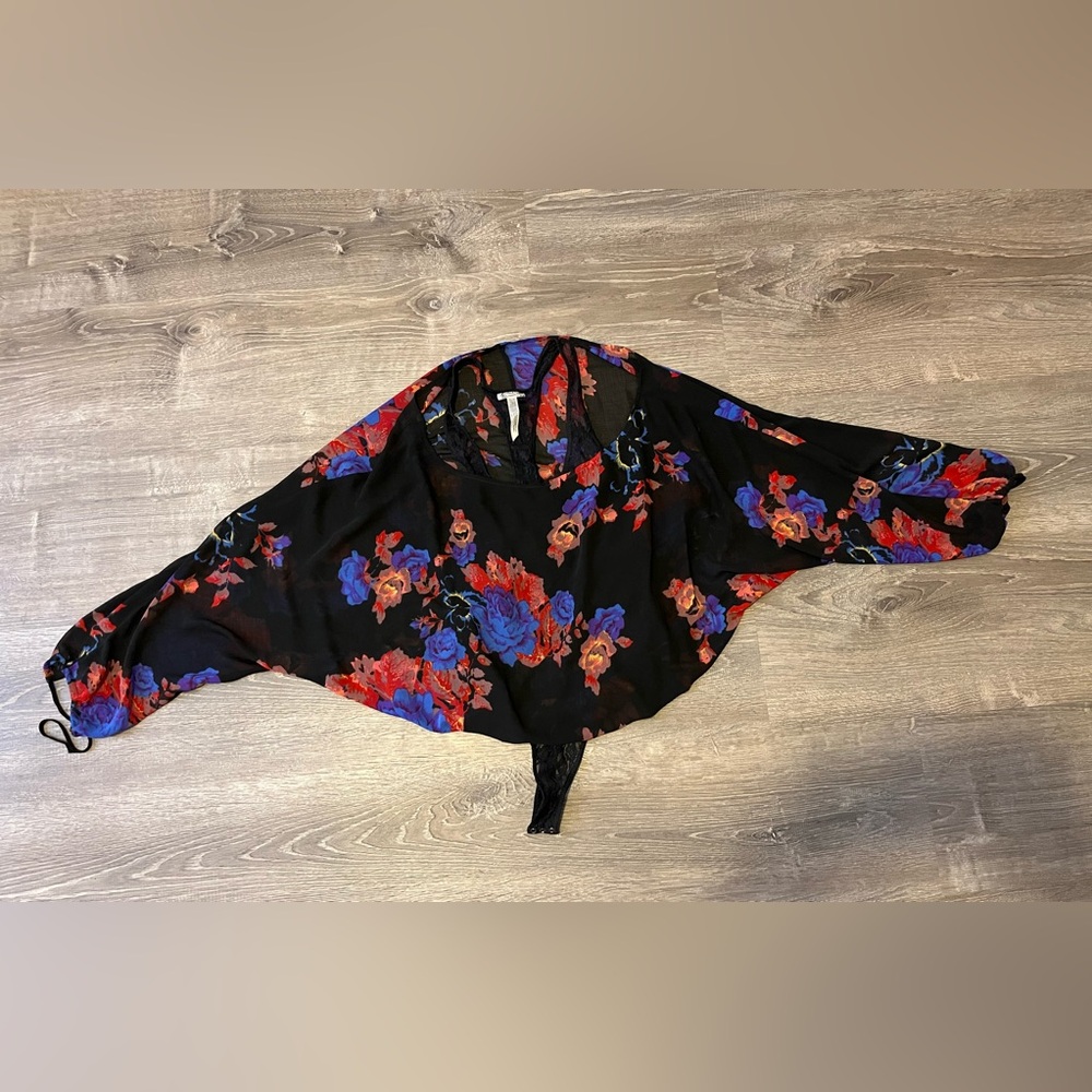 Free People Floral Blouse Bodysuit With Lace Underlay Boho Bohemian Women XS